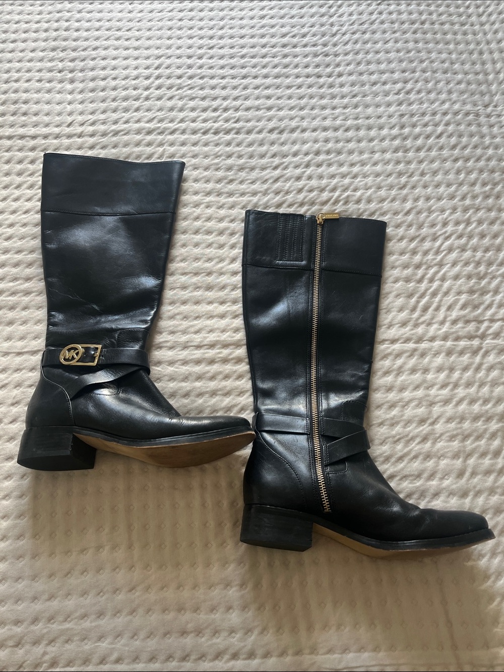 Michael Kors Black Leather Knee-High Boots with Gold MK Accent
